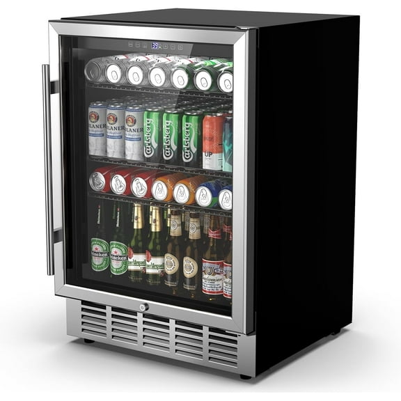 24 Inch Beverage Refrigerator & Cooler Under Counter with Safty Lock, Outdoor Patio Fridge for Drinks, Soda, Beer, Wine, 37～65°F Adjustable Temperature & Memory, Built-in/Freestanding