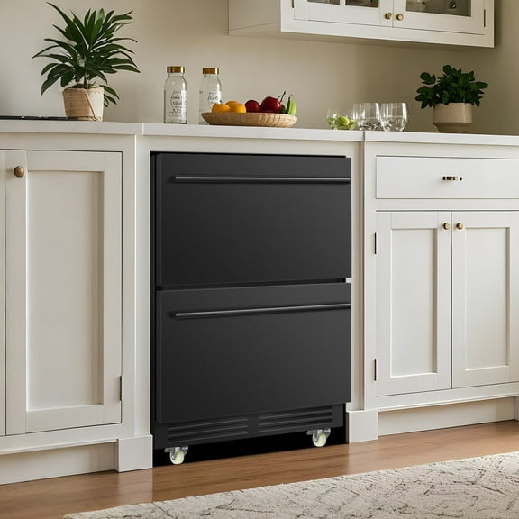 24 Inch Beverage Refrigerator Freestanding/Built-In Drawer Cooler Fridge Under Counter With Locking Swivel Casters And Grid Organizer - Black