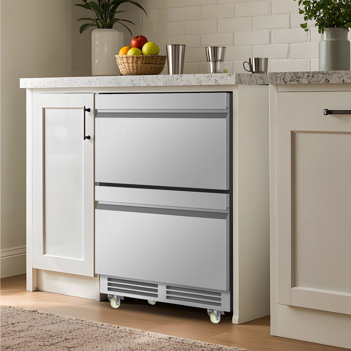 24-Inch Beverage Refrigerator Freestanding Or Built-In With Recessed Handle, Drawer Cooler, Under Counter, Locking Swivel Casters, Led Light, And Grid Organizer Home & Commercial Use