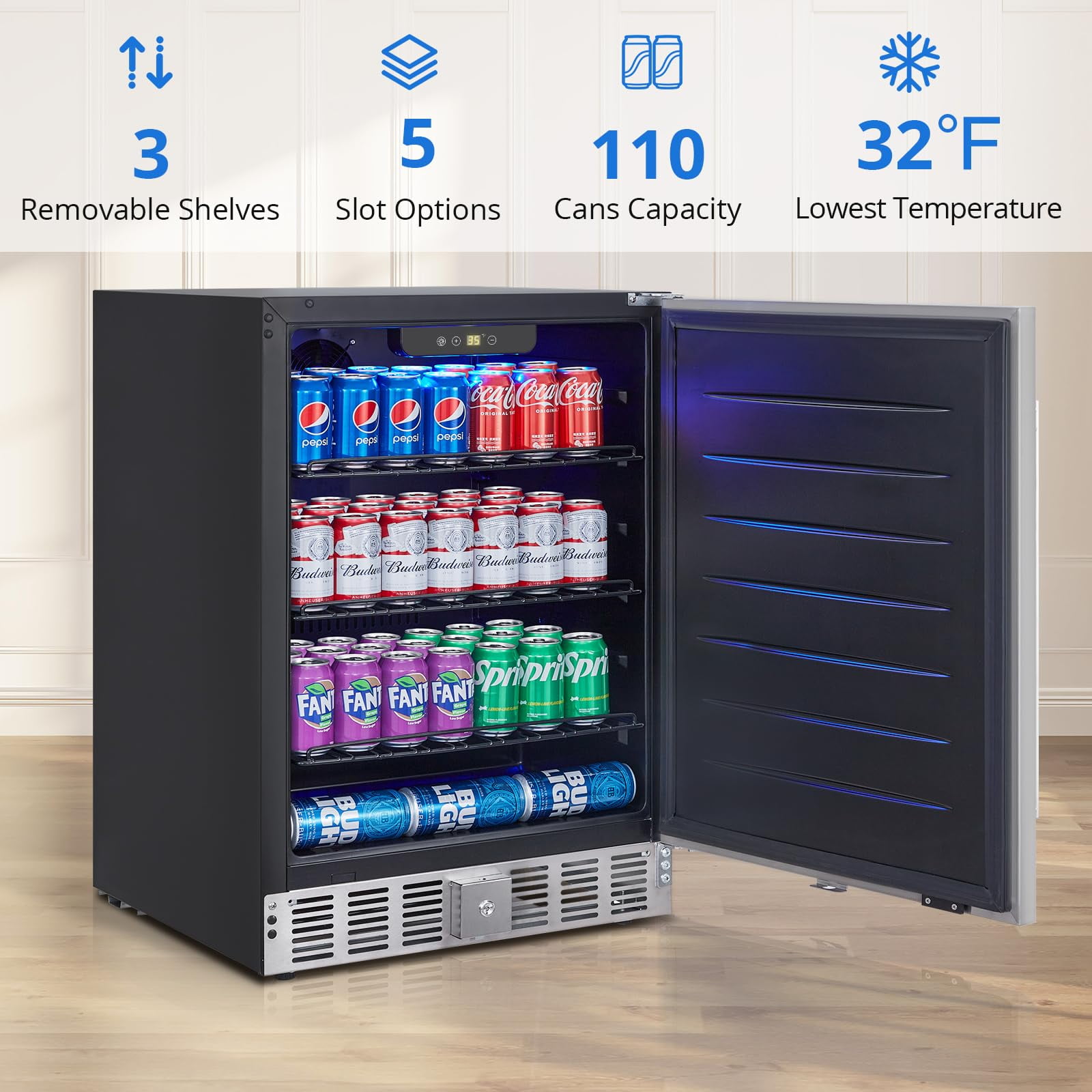 24 Inch Beverage Refrigerator, Weather Proof Stainless Steel Beverage Fridge for Outdoor Kitchen and Patio, Indoor/Outdoor Beverage Cooler for 180 Cans, Built-in/Freestanding