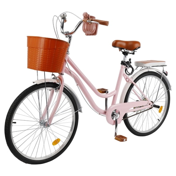 24 Inch Bikes for Women with Basket, Womens Cruiser Bicycle with Adjustable Seat, City Commuter Cruiser Bike, Adult Beach Bicycle with Basket & Lock, Blue/Pink