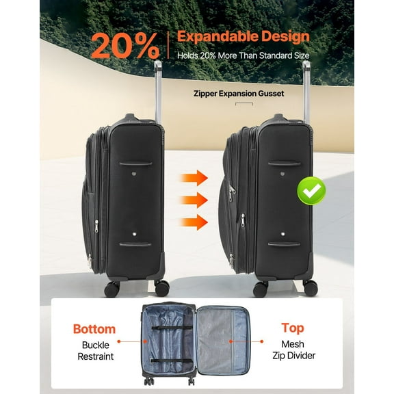 24-Inch Black Expandable Softside Luggage with 4 Spinner Wheels, Checked Suitcase