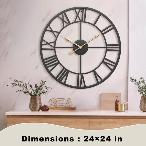 24 Inch Black Metal Roman Numeral Decorative Wall Clock