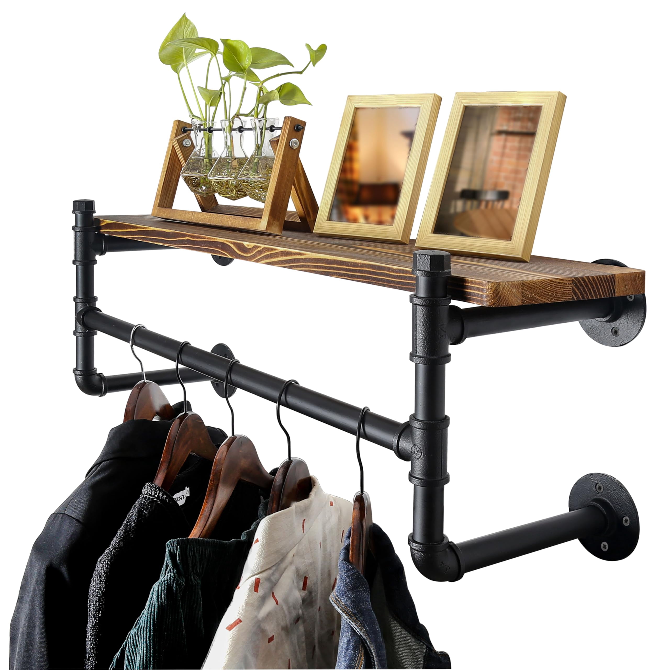 24 Inch Black Wall Mounted Clothes Rack with Industrial Pipe Shelving ...