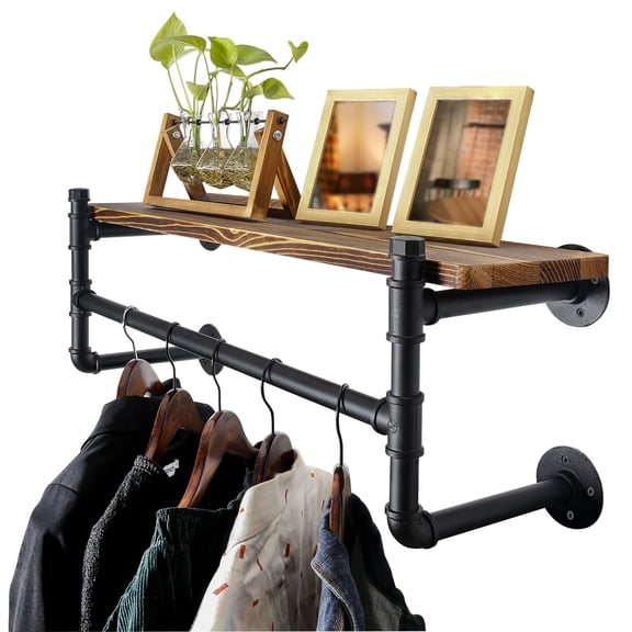 Wall Mounted Clothes Rack with Shelf, 24 Inch, Black, Industrial Pipe Design, Heavy Duty Iron Garment Bar