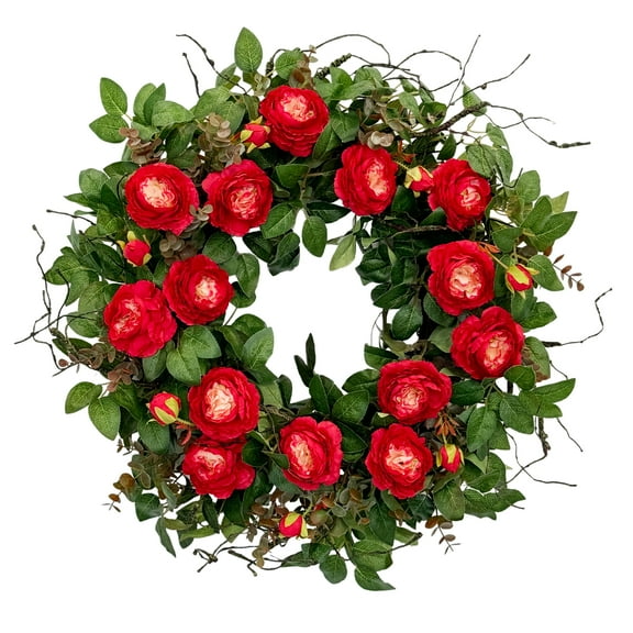 24 Inch Blossom Cabbage Rose Wreath Flame Red & Burgundy Flower Ivy Everyday Summer Wreath for Valentine's day, Thanksgiving Day, Christmas