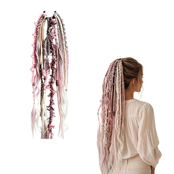 24 Inch Boho Braided Dreadlock Ponytail Clip in Braid Hair Tie Extension with Shell & Charm Beads, Instant Elastic Hand-Braided Viking Braid Hairpiece Salty Soul