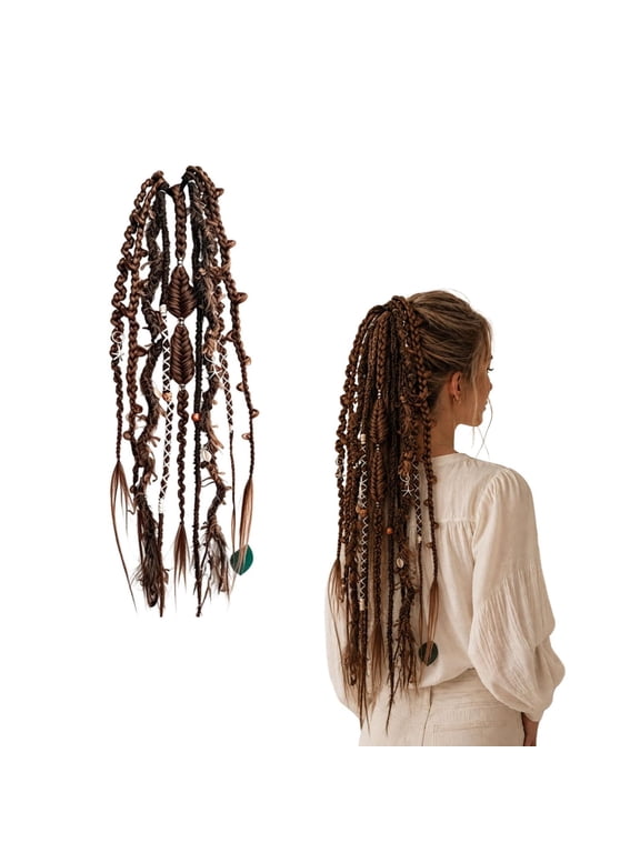 24 Inch Boho Braided Dreadlock Ponytail Clip in Braid Hair Tie Extension with Shell & Charm Beads, Instant Elastic Hand-Braided Viking Braid Hairpiece Salty Soul