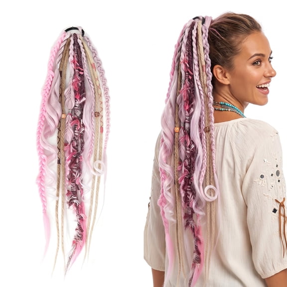 24 Inch Boho Braided Dreadlock Ponytail Hairpiece with Accessories | Instant Elastic Hand-Braided Viking Braid Hairpiece, Long Clip in Braid Hair Tie Extension for Cosplay & Festivals Hairwig