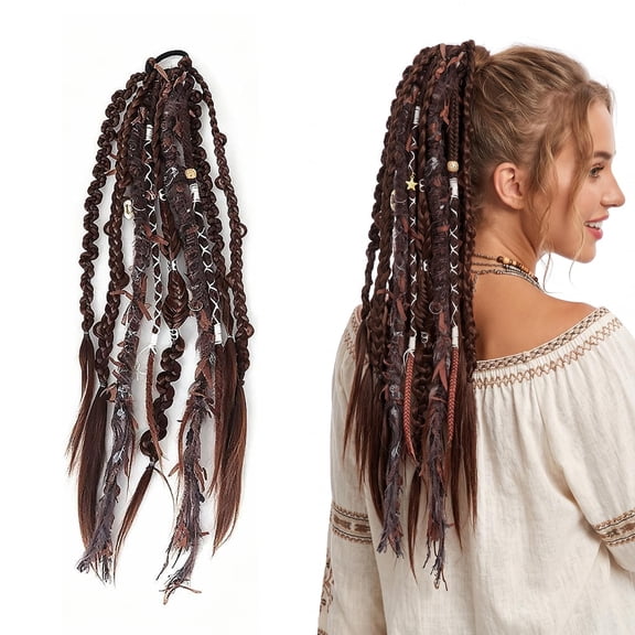 24 Inch Boho Braided Dreadlock Ponytail Hairpiece with Accessories | Instant Elastic Hand-Braided Viking Braid Hairpiece, Long Clip in Braid Hair Tie Extension for Cosplay & Festivals Hairwig
