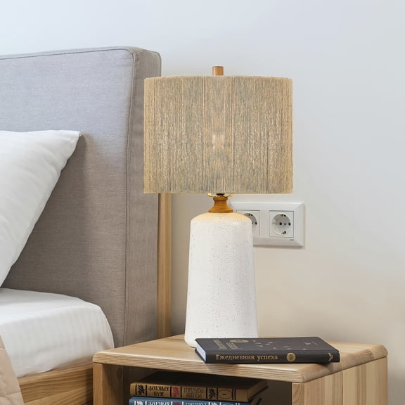 24 Inch Boho Single Table Lamp 3-Way Dimmable White Ceramic Bedside Light Hemp Rope Shade Farmhouse Lamp for Bedroom Living Room Study Office