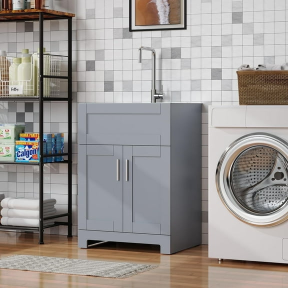 24 Inch Cabinet with Utility Stainless Steel Sink, Freestanding Laundry Room  Vanity Sink and Faucet Combo, Gray