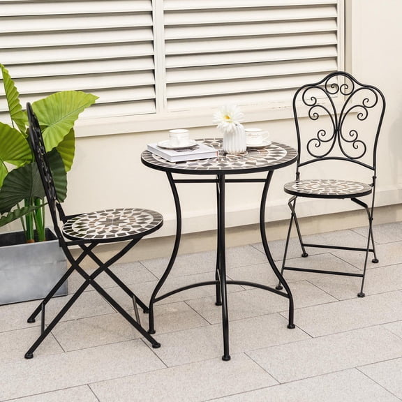 24 Inch Ceramic Tile Patio Bistro Table, Black Metal Frame, Mosaic Top, Indoor Outdoor Use
