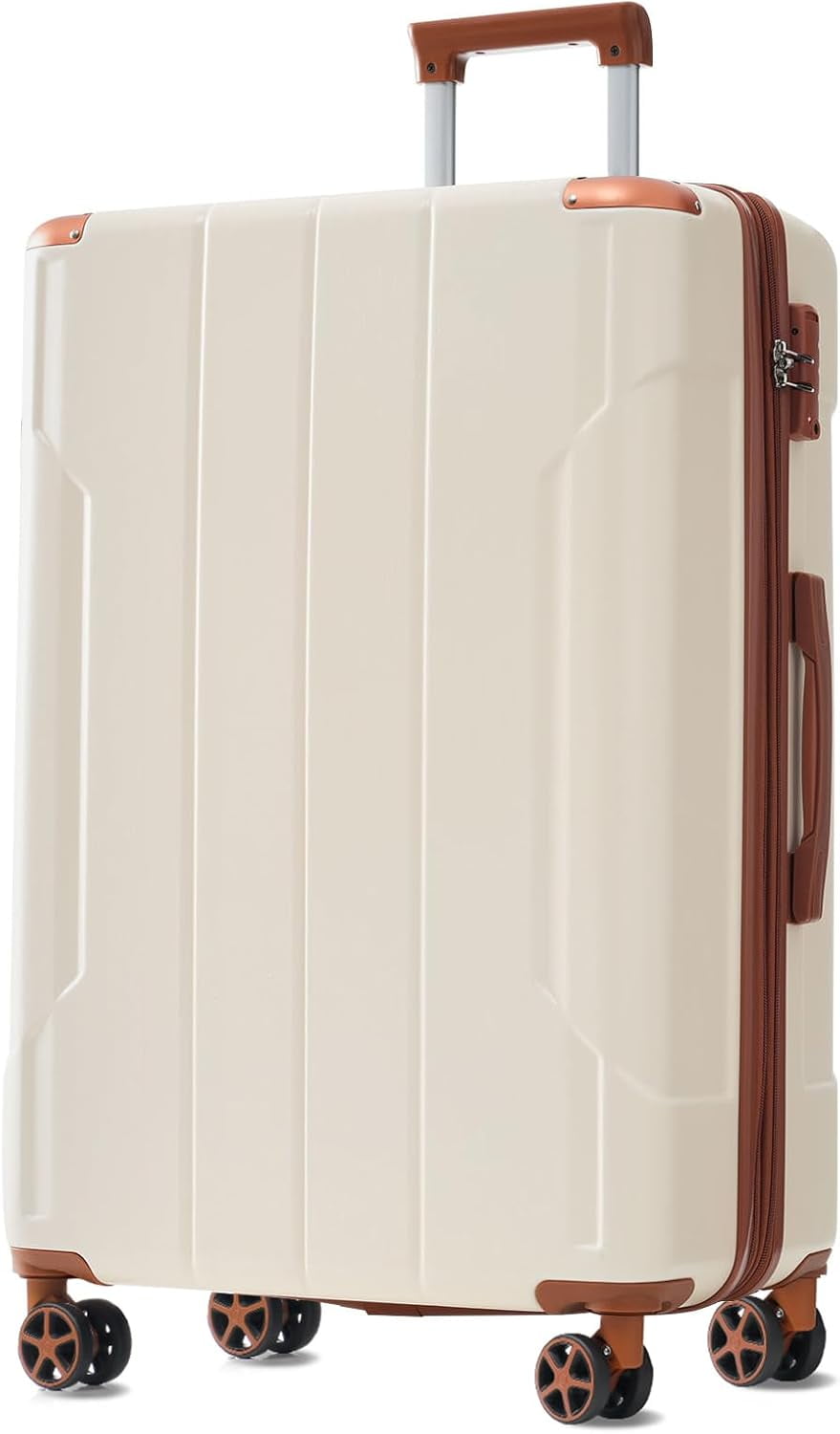 24 Inch Checked Luggage, Hardshell Suitcase Lightweight & Expandable, Durable ABS with 4 Double Spinner Wheels for Men and Women (White Brown)