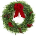 thumbnail image 1 of 24 Inch Christmas Door Wreath, Large Outdoor Christmas Cypress Wreath with Berries Velvet Bow, Artificial Winter Xmas Greenery Wreaths for Front Door Fireplace Holiday Decor, 1 of 8