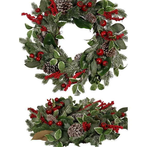 24-Inch Christmas Wreath for Front Door - Artificial Holiday Wreath with Frosted Pinecones, Red Berries, Holly Leaves, and Greenery - For Indoor & Outdoor Winter Decorations, Xmas Wall Décor