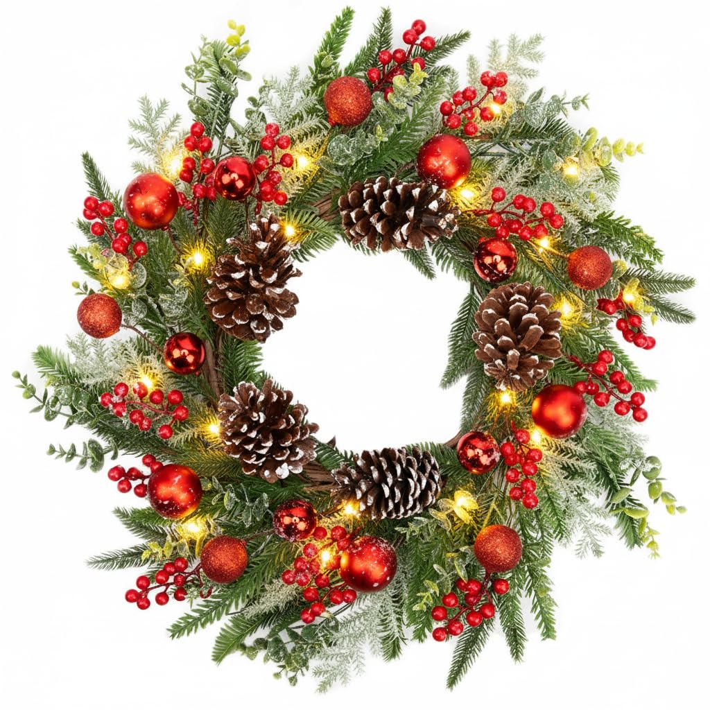 24 Inch Christmas Wreath for Front Door with Lights Snowy Winter Wreath ...