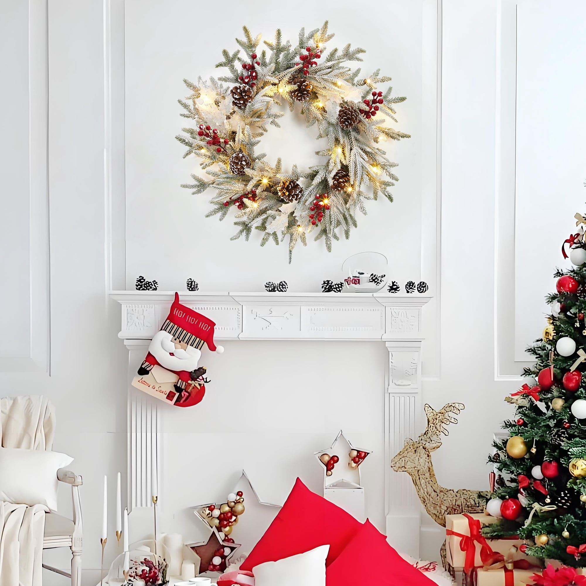 24 Inch Christmas Wreath for Front Door, Pre-Lit LED Lights Christmas ...