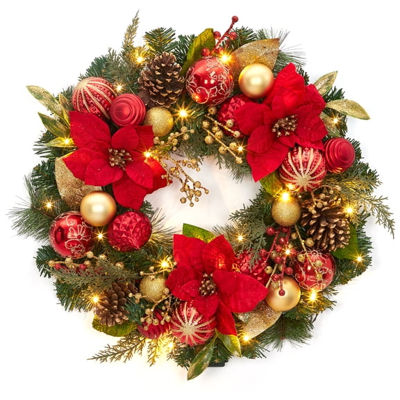 24 Inch Christmas Wreath,Large Christmas Door Wreath with Red Poinsettia,Christmas Decorations Gold Ornaments,Pinecones Festive Front Door Centerpiece for Wall Window Porch Home Indoor Outdoor Decor