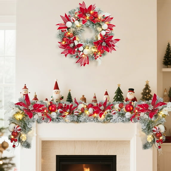 24 Inch Christmas Wreath with Lights, Pre-Lit Xmas Wreath with Red Berries and Christmas Decorations, Christmas Wreath for Front Door, Windows, Wall, Mantel Decoration