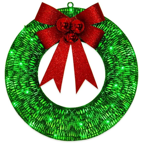 24 Inch Christmas Wreath Metal Frame with LED Warm Lights Large Bow Holiday Decor for Front Door Wall Window