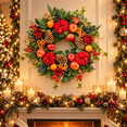 thumbnail image 1 of 24 Inch Christmas Wreath for Front Door, Artificial Holiday Floral Wreath with Red Dahlias, Roses, Apples, Pinecones and Berries, Winter Door Decor, 1 of 7