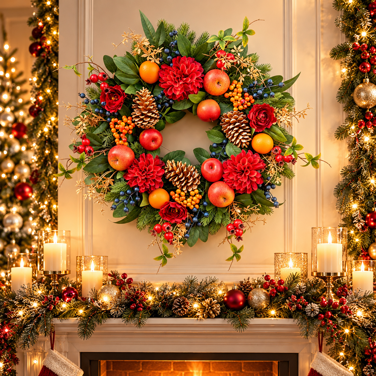 24 Inch Christmas Wreath for Front Door, Artificial Holiday Floral Wreath with Red Dahlias, Roses, Apples, Pinecones and Berries, Winter Door Decor
