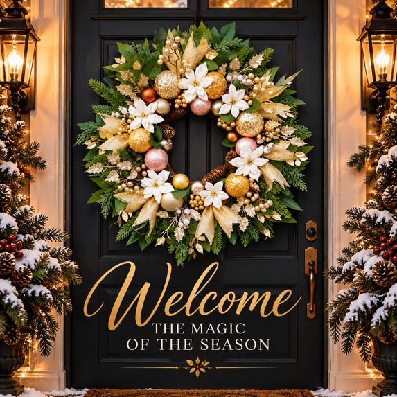 24 Inch Christmas Wreath for Front Door, Artificial Holiday Wreath with White Flowers, Gold Ornaments, Pinecones and Berries