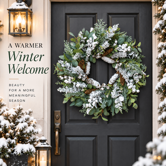 24 Inch Christmas Wreath for Front Door, Artificial Winter Wreath with Frosted Pine, Eucalyptus, White Berries and Pinecones