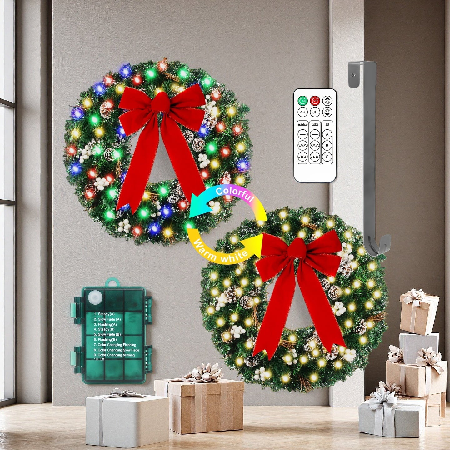 24 Inch Christmas Wreath for Front Door, Remote Control LED with 15 ...