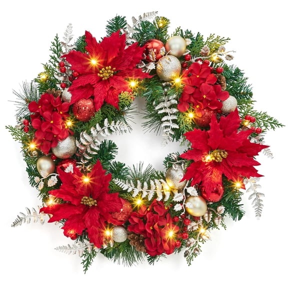24 Inch Christmas Wreath with Lights, Pre-Lit Xmas Wreath with Red Berries and Christmas Decorations