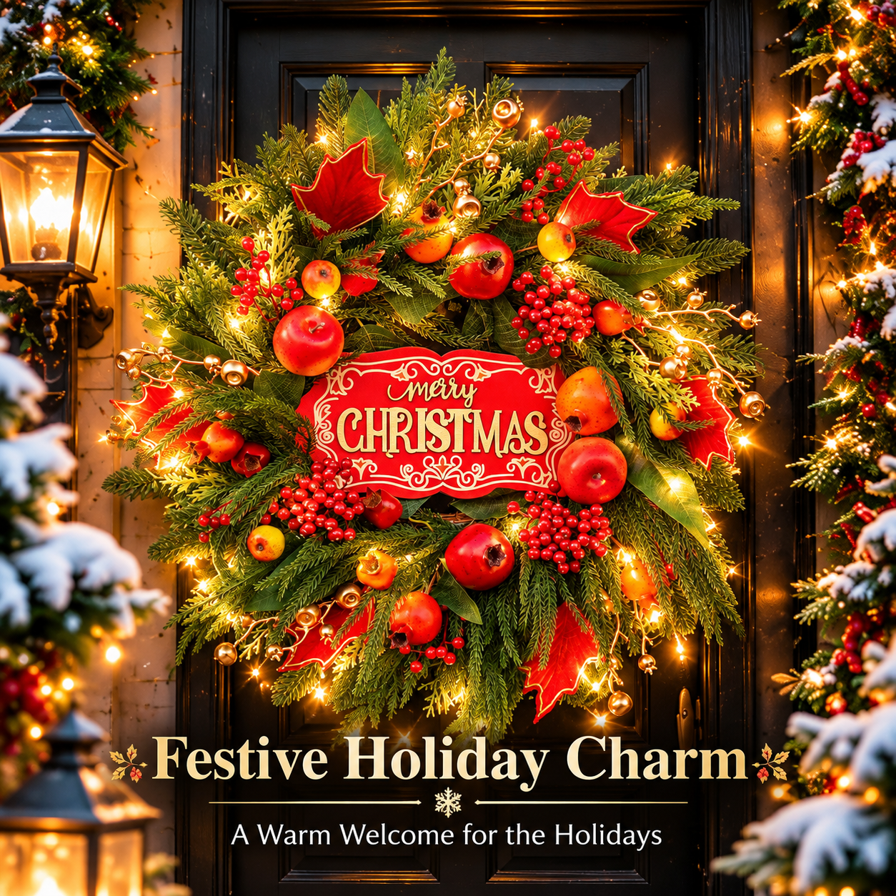 24 Inch Christmas Wreath with Merry Christmas Sign, Norfolk Pine Greenery, Red Berries, Pomegranates and Gold Ornaments, Holiday Front Door Decor