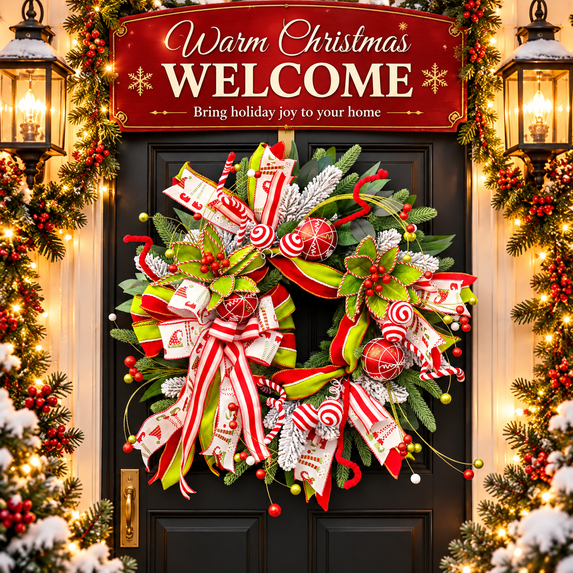 24 Inch Christmas Wreath with Red and Green Bows, Candy Swirl Ornaments, Berries and Snow-Flocked Greenery, Festive Holiday Front Door Decor