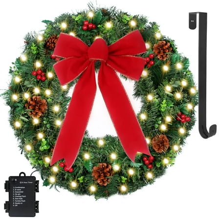 24 Inch Christmas Wreath with Timer LED String Lights Including Wreath Hanger, Red Berries - Ideal Christmas Decor for Indoor & Outdoor