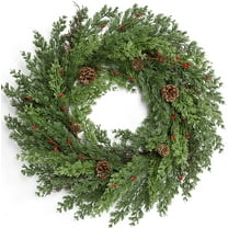24 Inch Christmas Wreaths for Front Door, Real Touch Cedar Wreath, Artificial Green Pine Reef for Front Door Windows Indoor Outdoor Holiday Xmas Decoration