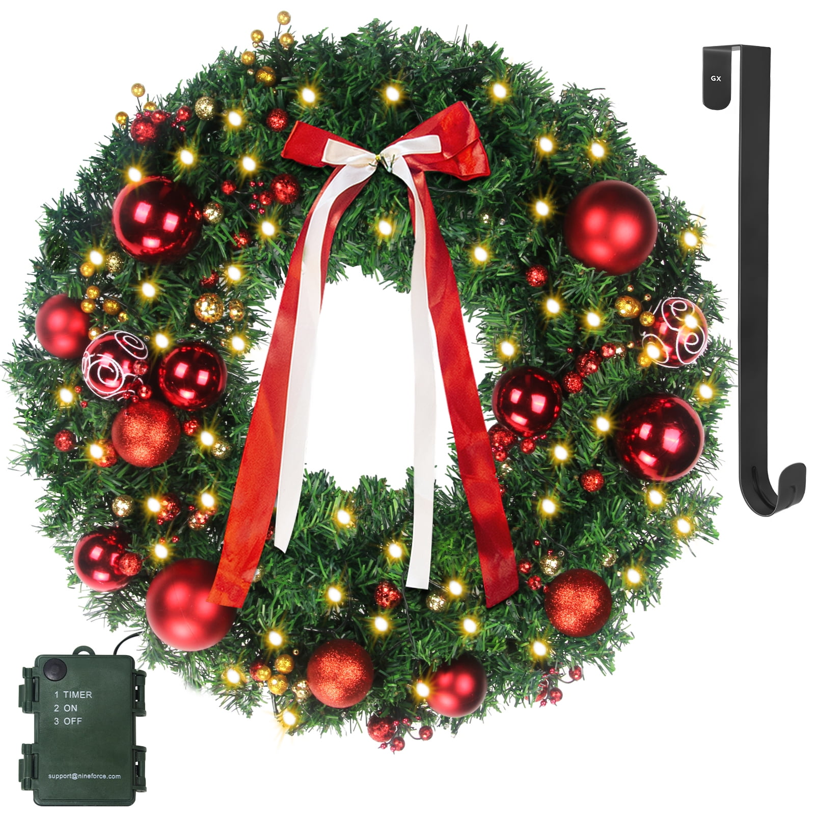 24 Inch Christmas Wreaths with Timer for Front Door with LED Battery