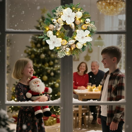 24 Inch Christmas Wreaths for Front Door, Xmas Flower Wreath with 20 Led Lights for Holiday Party Home Gatherings, White & Gold