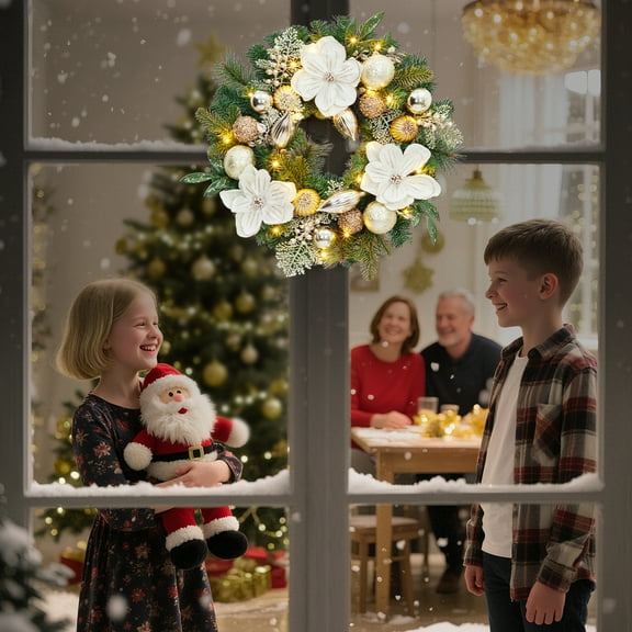 24 Inch Christmas Wreaths for Front Door, Xmas Flower Wreath with 20 Led Lights for Holiday Party Home Gatherings, White & Gold