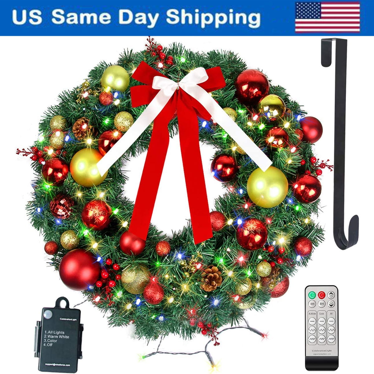 24 Inch Christmas Wreaths for Front Door with LED Battery Operated with