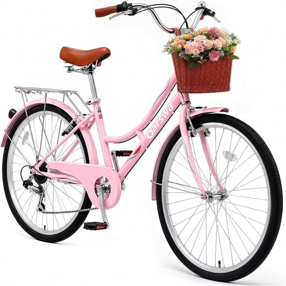 24 Inch City Bike for Women, Shimano 7-Speed Cruiser Bicycle with Basket, Rear Rack, Fenders, Comfort Saddle and Step-Through Frame