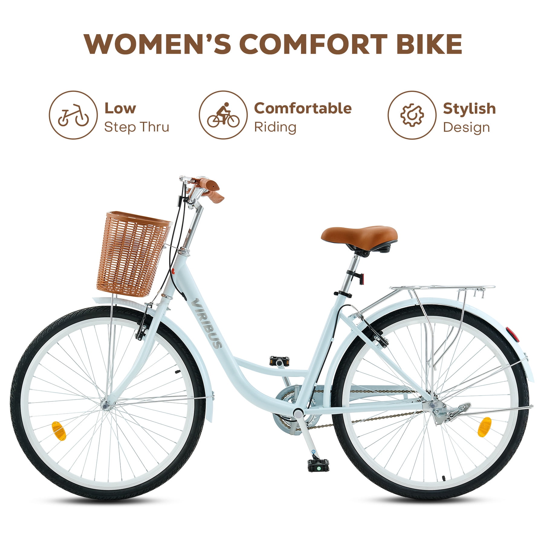 Viribus 24 inch City Cruiser Bicycle for Women,with Carbon Steel Frame Dual V Brakes Basket for Women Adults,Mint