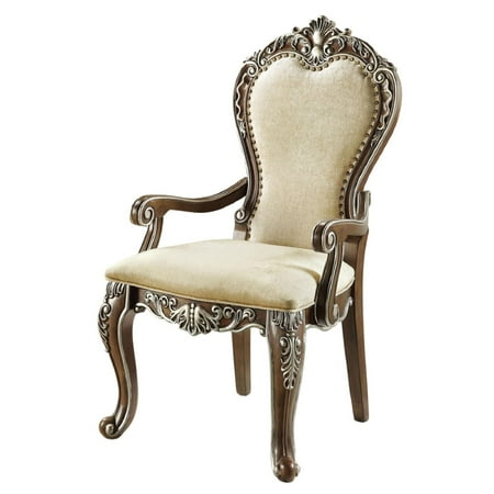 24 Inch Classic Upholstered Armchair, Scrolled Details, Nailhead, Brown- Saltoro Sherpi