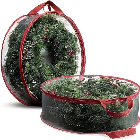 24 Inch Clear Plastic Christmas Wreath Storage Bag with Dual Zippers & Reinforced Handles for Xmas Garland Holiday Storage