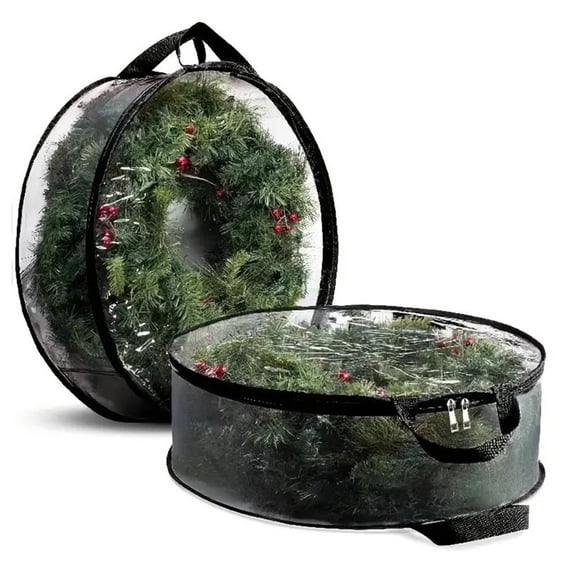 24 Inch Clear Plastic Christmas Wreath Storage Bag with Dual Zippers & Reinforced Handles for Xmas Garland Holiday Storage