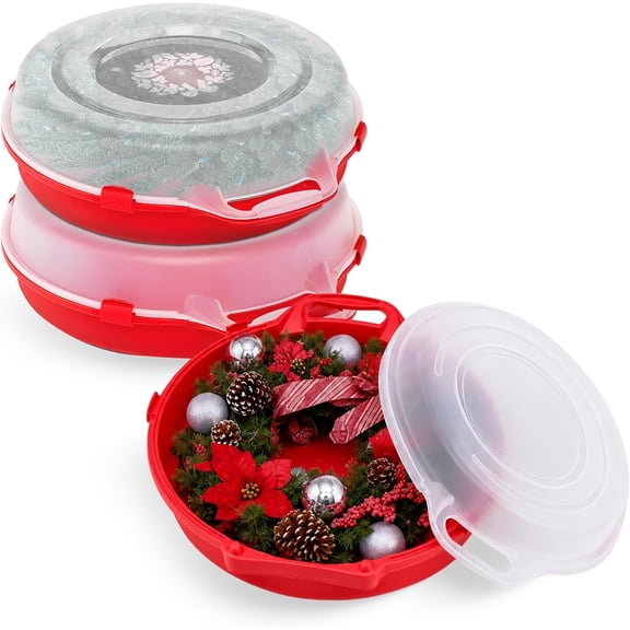 24 Inch Clear Plastic Wreath Storage Box 3-Pack Stackable Christmas Garland Organizer Red Lid