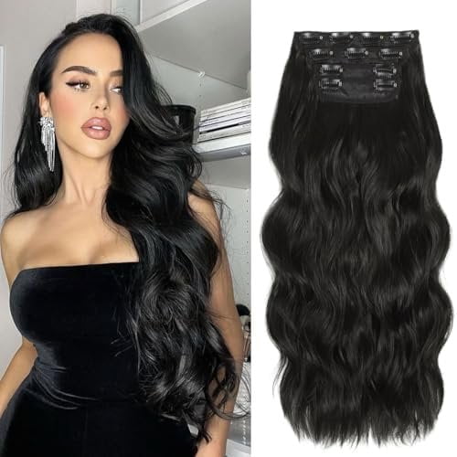 24 Inch Clip In Hair Extensions 4 count Long Wavy Black Hair Extensions Clip Ins Curly Synthetic Hairpieces For Women Thick Wavy Contains Protein Hairpieces Clip Hair Extension For Girls
