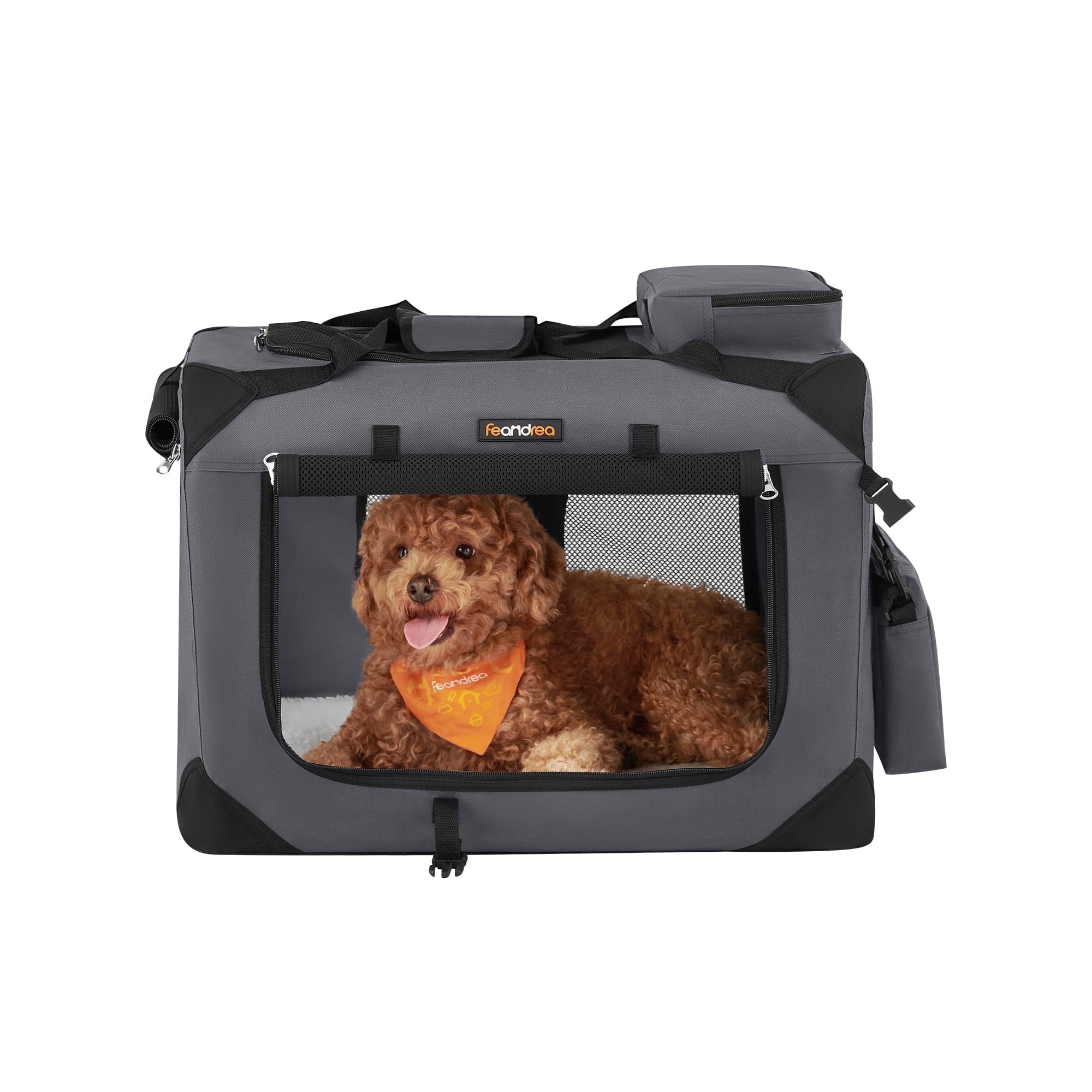 Feandrea 24-Inch Collapsible Dog Crate with 3 Mesh Doors, Portable Pet Carrier with Safety Zippers for Travel, Gray