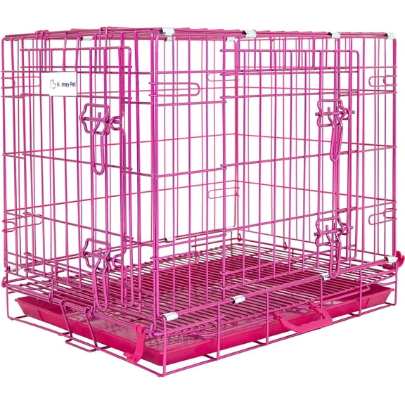 24 Inch Collapsible Pink Dog Crate with Double Doors Dual Locks Removable Floor Tray Portable Handle