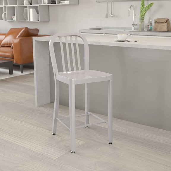 24 Inch Commercial Grade Metal Counter Height Stool with Footrest Modern Vertical Slat Back for Restaurants Kitchens Silver