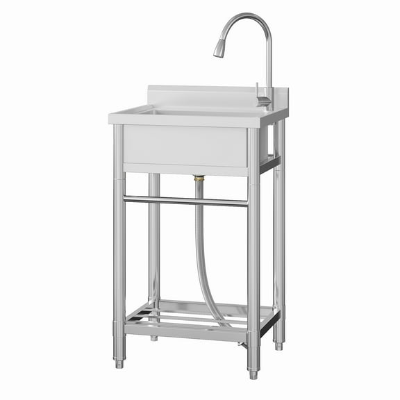 24 Inch Commercial Kitchen Sink, Single Bowl Stainless Steel Utility Sink with Pull-Out Faucet, Freestanding Washing Hand Basin with Open Storage Shelf for Garage, Restaurant, Laundry Room